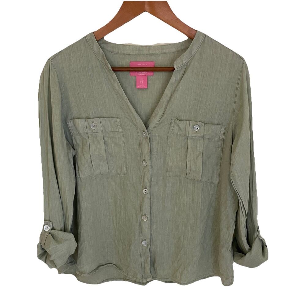 Isaac Mizrahi 100% LINEN Women's Button Down Shirt Sage Roll Tab Sleeve Sz Small